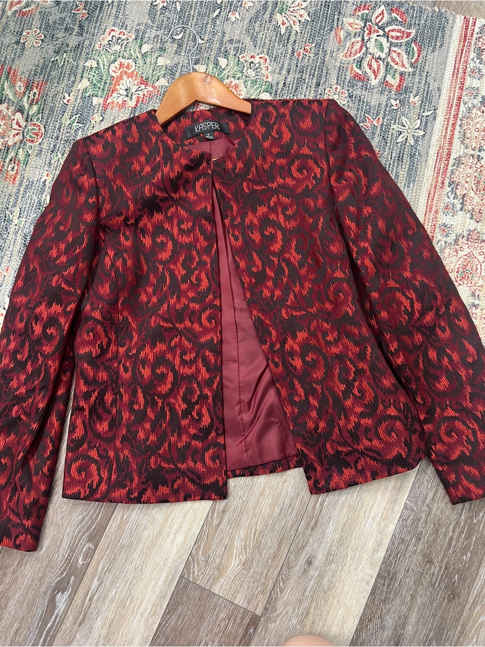 Vintage Kasper blazer features a distinctive red and black brocade